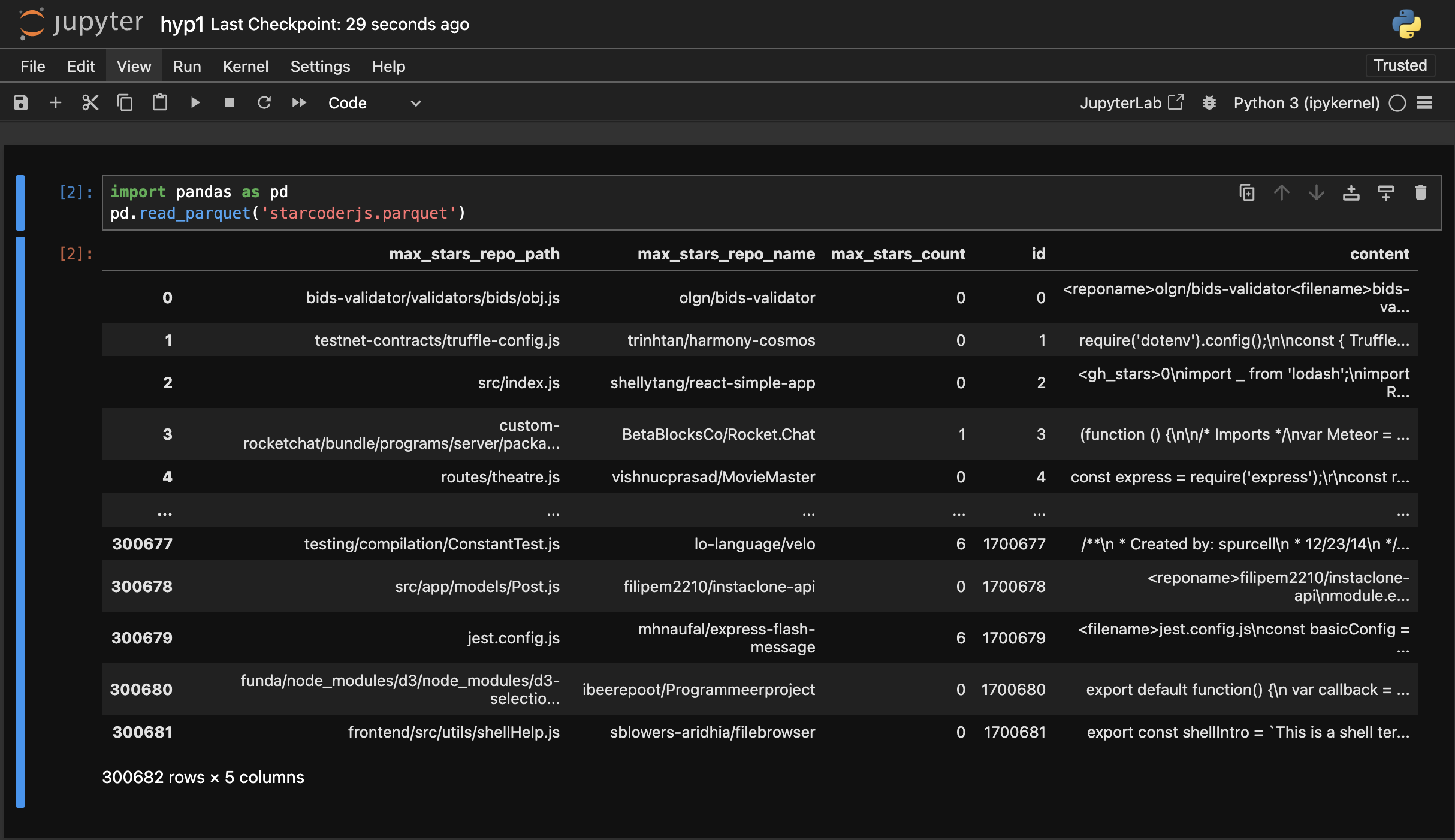 Screenshot of Jupyter Notebook loading data from starcoderjs.parquet file